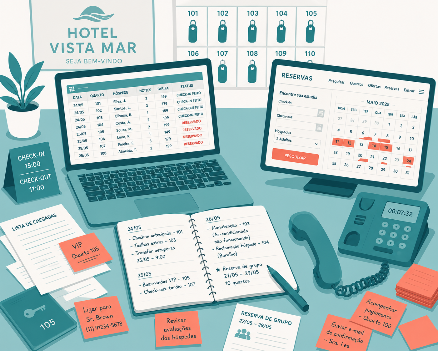 Ilustração de uma recepção de hotel desorganizada representando o problema que o software hoteleiro resolve