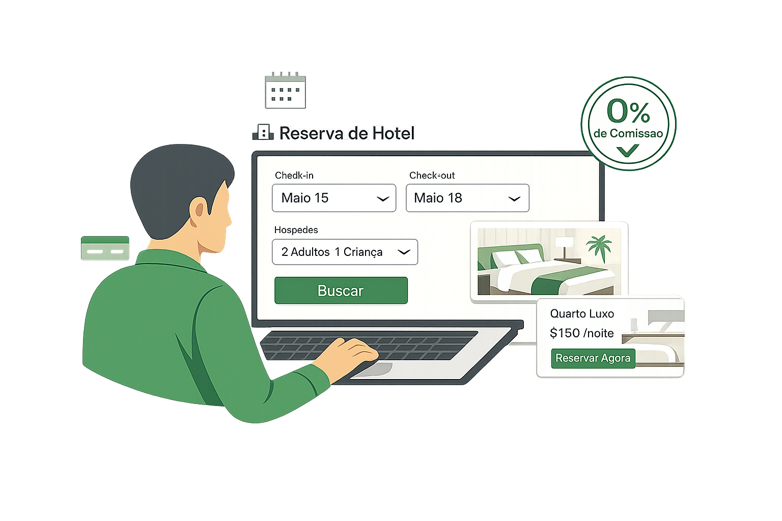 Ilustração de um site de hotel com fluxo de reserva direta captando reservas sem comissão