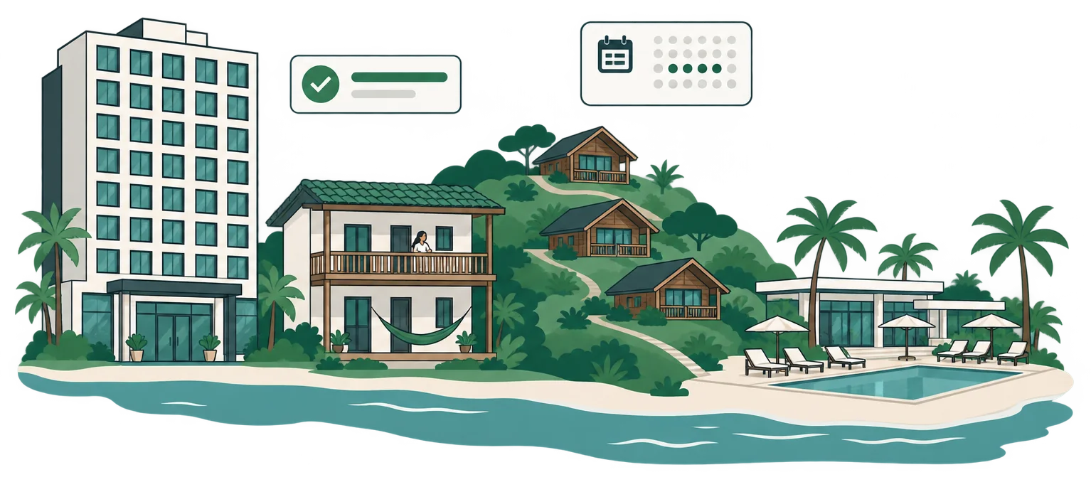 Ilustração de um litoral com quatro tipos de hospedagem: um hotel alto na cidade, uma pousada de dois andares com varanda e redes, chalés de madeira no morro e um resort com piscina na praia