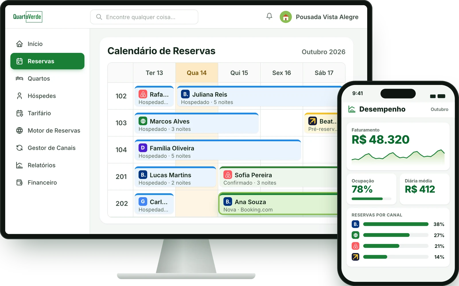 Calendário de reservas do QuartoVerde no computador e relatório de desempenho no celular