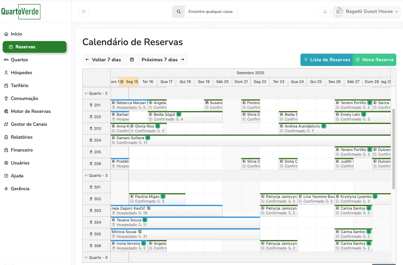 Calendário de reservas do PMS QuartoVerde mostrando próximas reservas de hóspedes